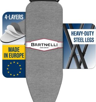Bartnelli by Rorets Ironing Board Made in Europe | Iron Board with 4 Layered Cover & Pad, Height Adjustable up to 36" Features A Safety Iron Rest, 4 Steel Legs, for Laundry Room or Dorm Use (43x13)